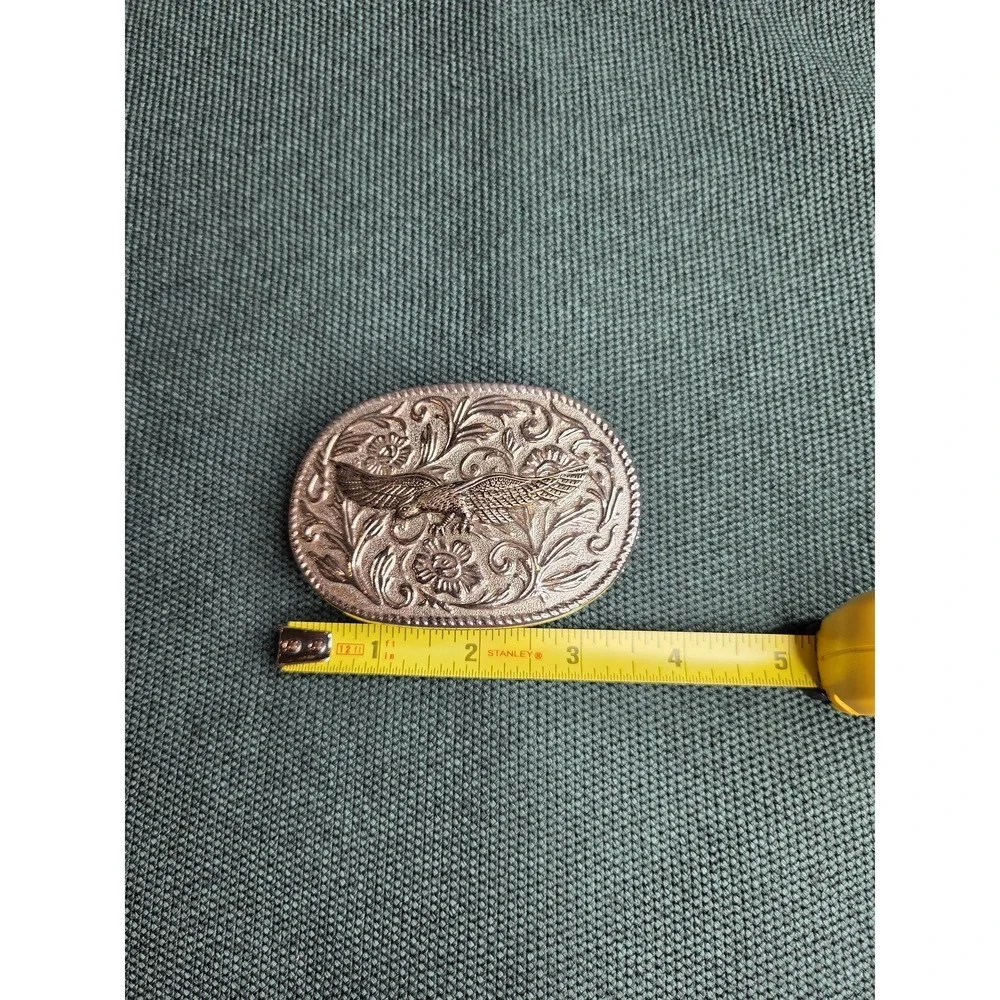 Vintage Silver-Tone Oval Belt Buckle Flying Eagle Filigree Rope Edge Western